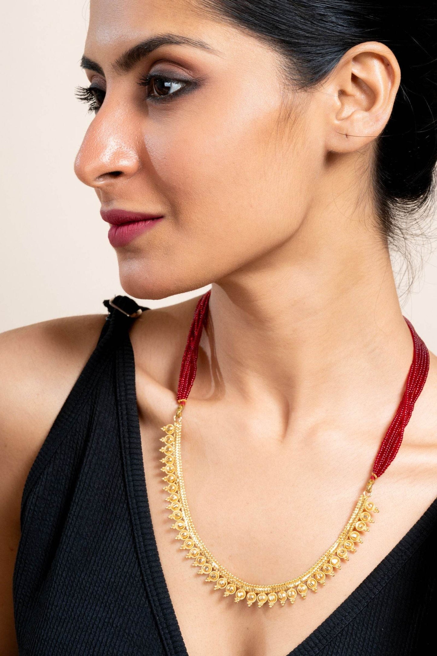Gold Plated Designer Necklace with Bold Red Tassel Dori - Exquisite Copper Jewelry - Lookandadorn.com