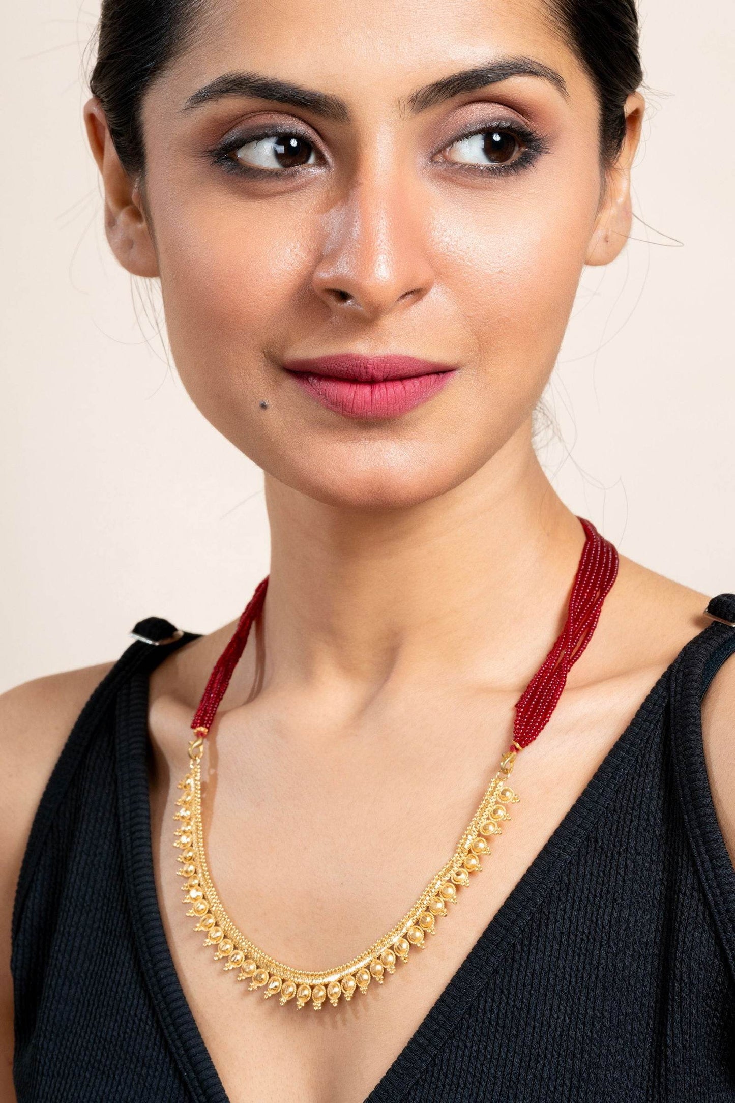 Gold Plated Designer Necklace with Bold Red Tassel Dori - Exquisite Copper Jewelry - Lookandadorn.com
