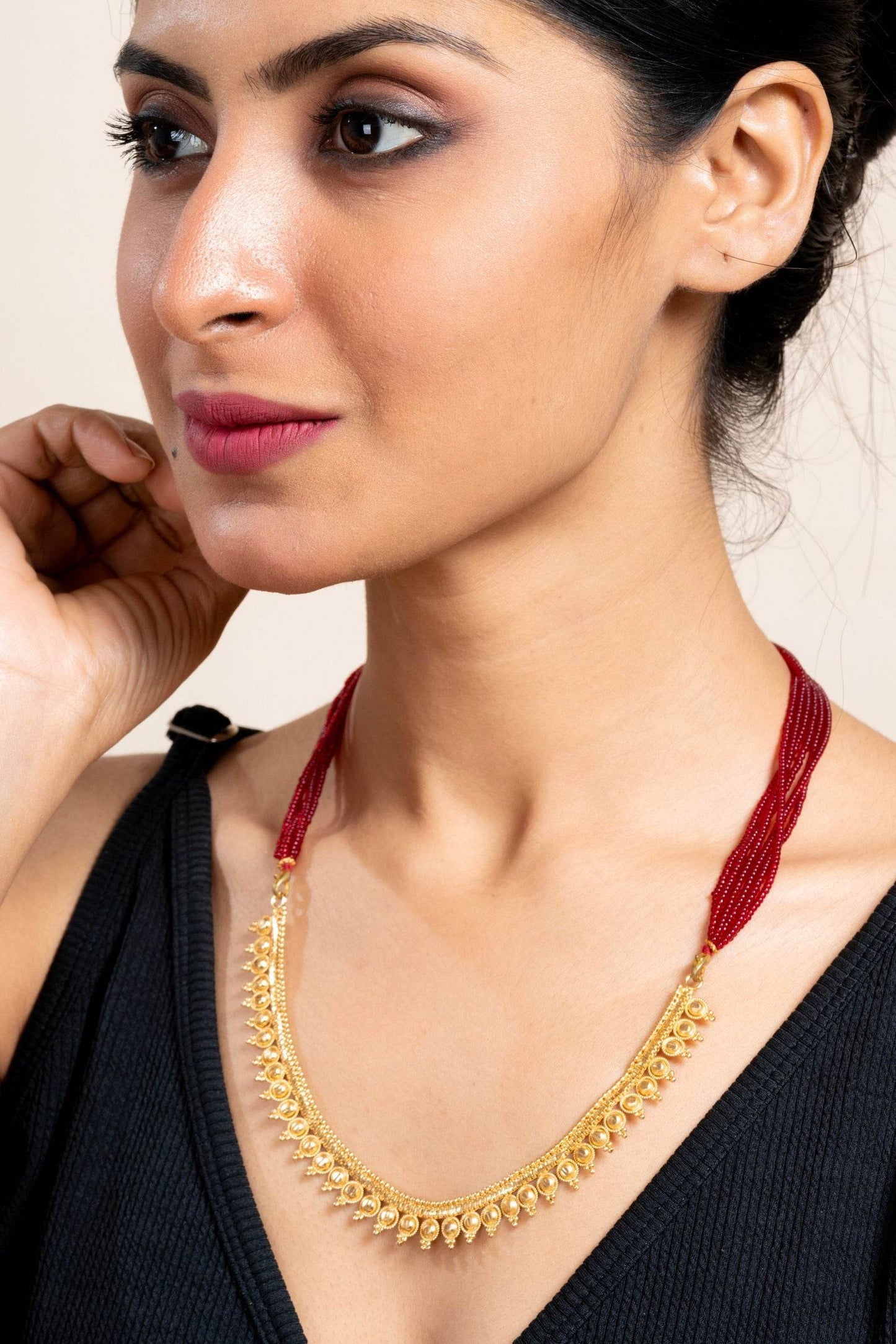 Gold Plated Designer Necklace with Bold Red Tassel Dori - Exquisite Copper Jewelry - Lookandadorn.com