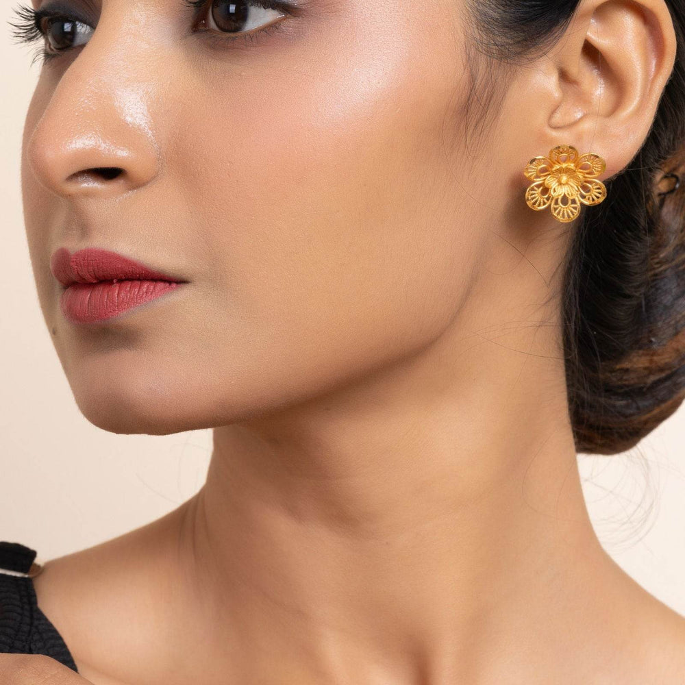 Gold Plated Double Floral Stud Earrings - Copper Jewelry with Luxurious Shine - Lookandadorn.com