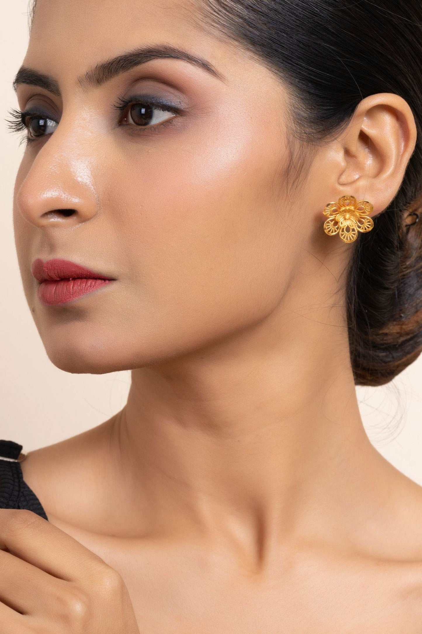 Gold Plated Double Floral Stud Earrings - Copper Jewelry with Luxurious Shine - Lookandadorn.com