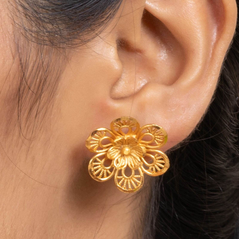 Gold Plated Double Floral Stud Earrings - Copper Jewelry with Luxurious Shine - Lookandadorn.com