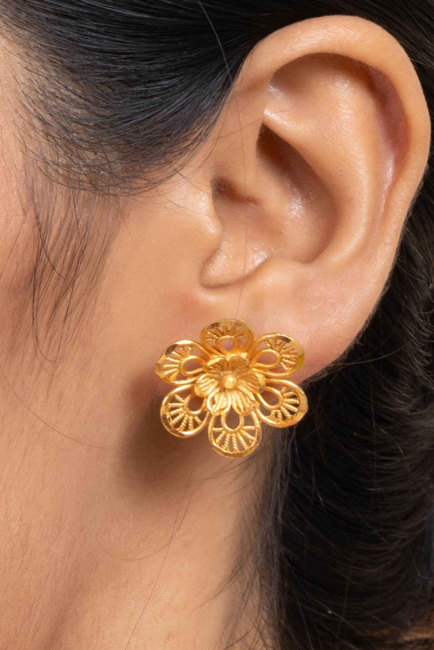 Gold Plated Double Floral Stud Earrings - Copper Jewelry with Luxurious Shine - Lookandadorn.com