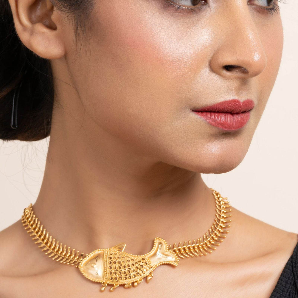 Gold Plated Fish Bone Choker Necklace - Copper Jewelry for Elegant Occasions - Lookandadorn.com