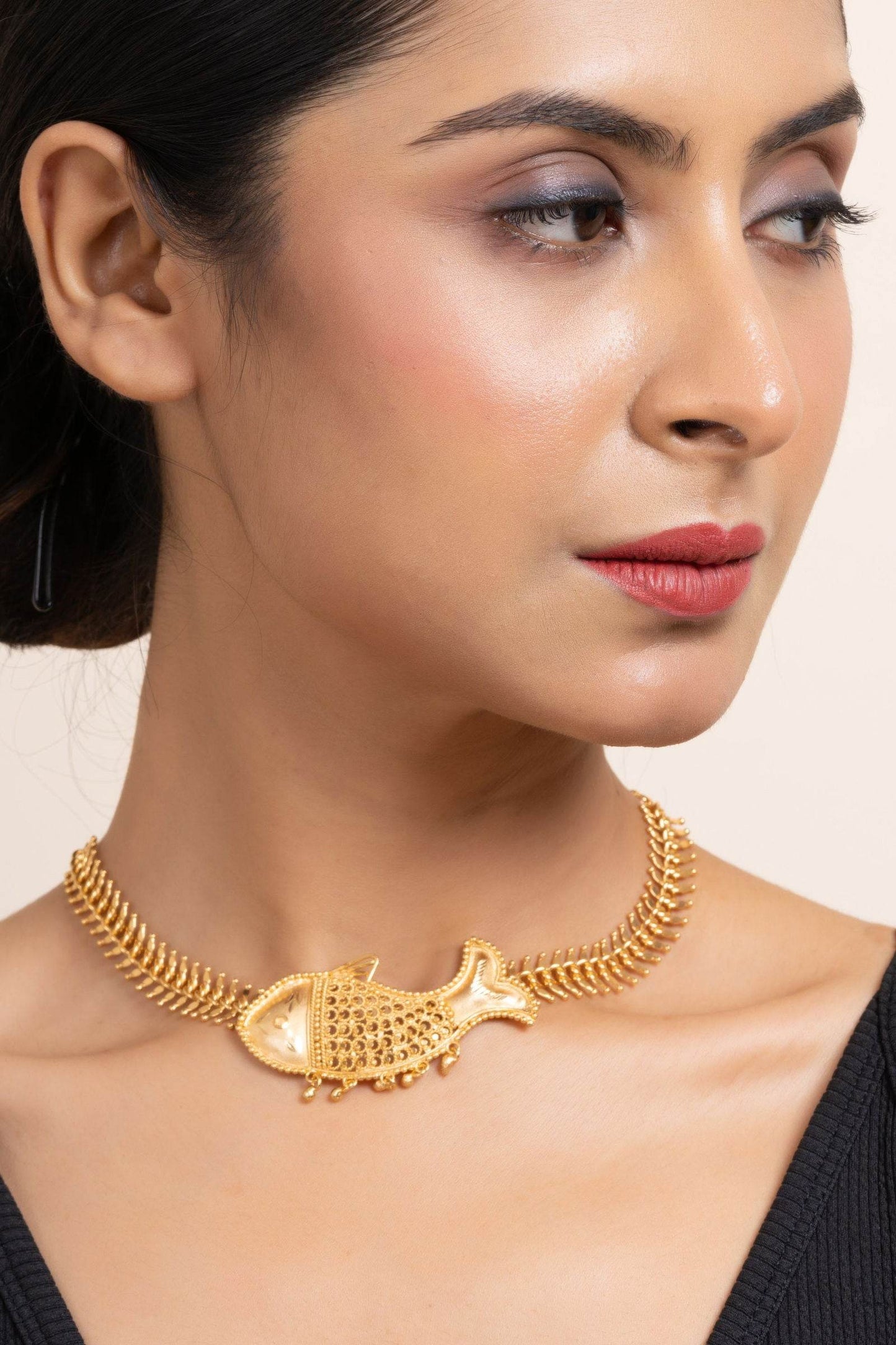 Gold Plated Fish Bone Choker Necklace - Copper Jewelry for Elegant Occasions - Lookandadorn.com