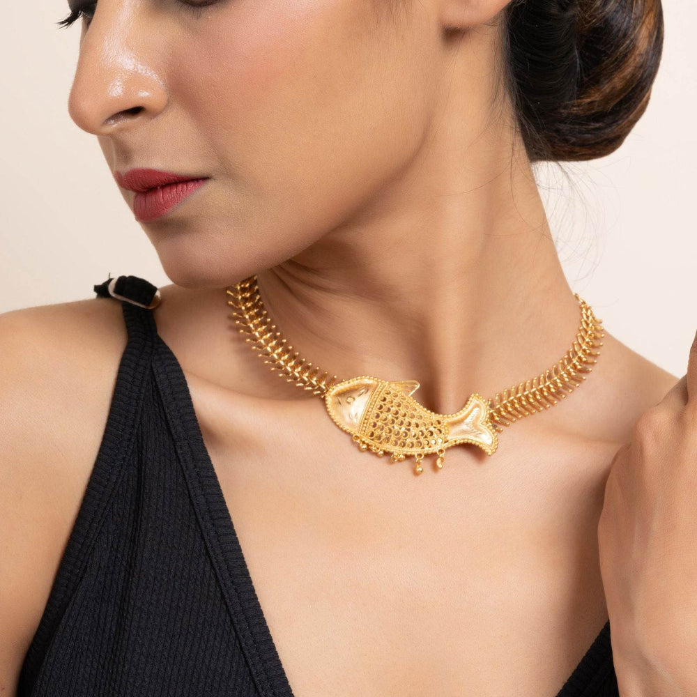 Gold Plated Fish Bone Choker Necklace - Copper Jewelry for Elegant Occasions - Lookandadorn.com