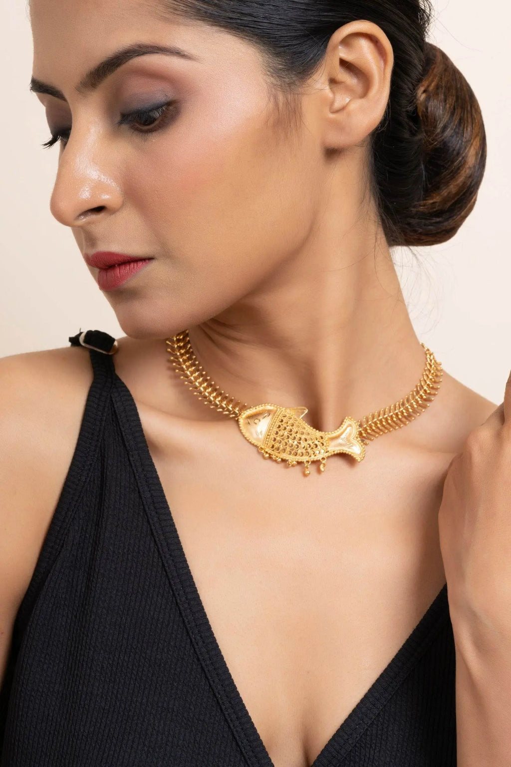 Gold Plated Fish Bone Choker Necklace - Copper Jewelry for Elegant Occasions - Lookandadorn.com