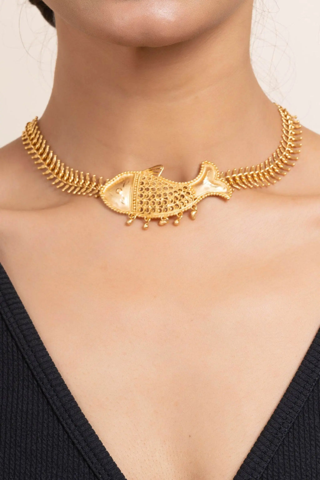 Gold Plated Fish Bone Choker Necklace - Copper Jewelry for Elegant Occasions - Lookandadorn.com