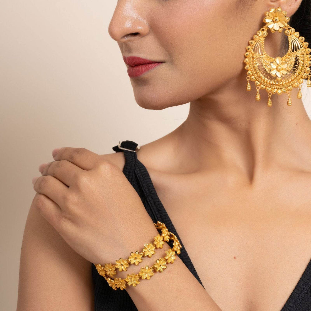 Gold Plated Floral Bangle Set of 2, Handmade Copper Jewelry, Non-Allergic, Timeless Design - Lookandadorn.com