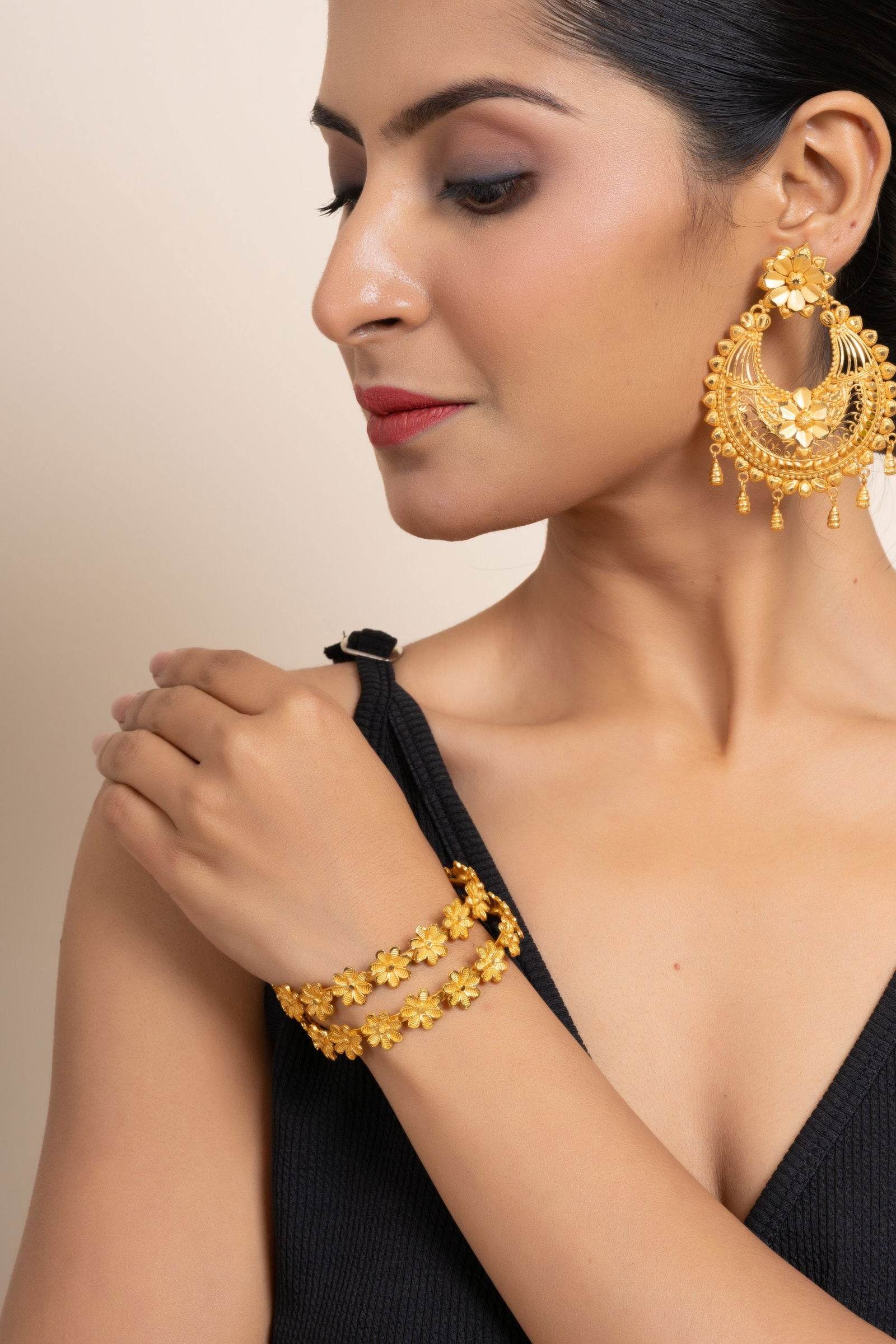 Gold Plated Floral Bangle Set of 2, Handmade Copper Jewelry, Non-Allergic, Timeless Design - Lookandadorn.com