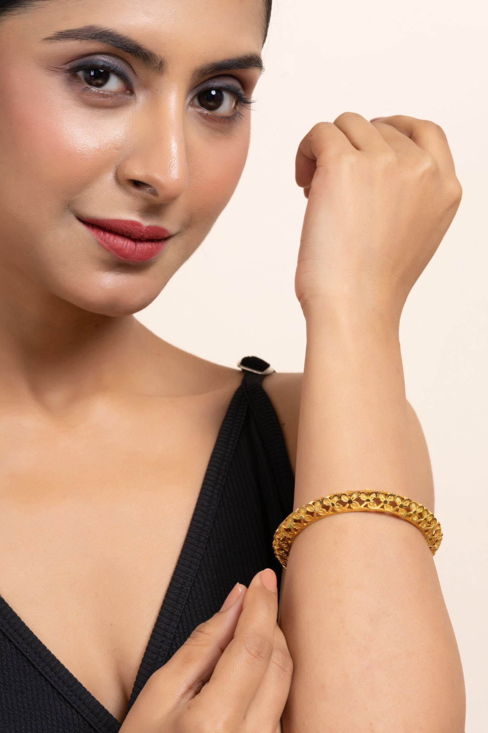 Gold Plated Floral Bangle with Intricate Design for All Occasions - Elegant Copper Jewelry - Lookandadorn.com