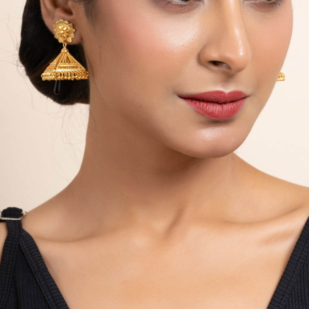 Gold Plated Floral Studs And Pyramid Jhumka Earrings - Exquisite Copper Jewelry - Lookandadorn.com