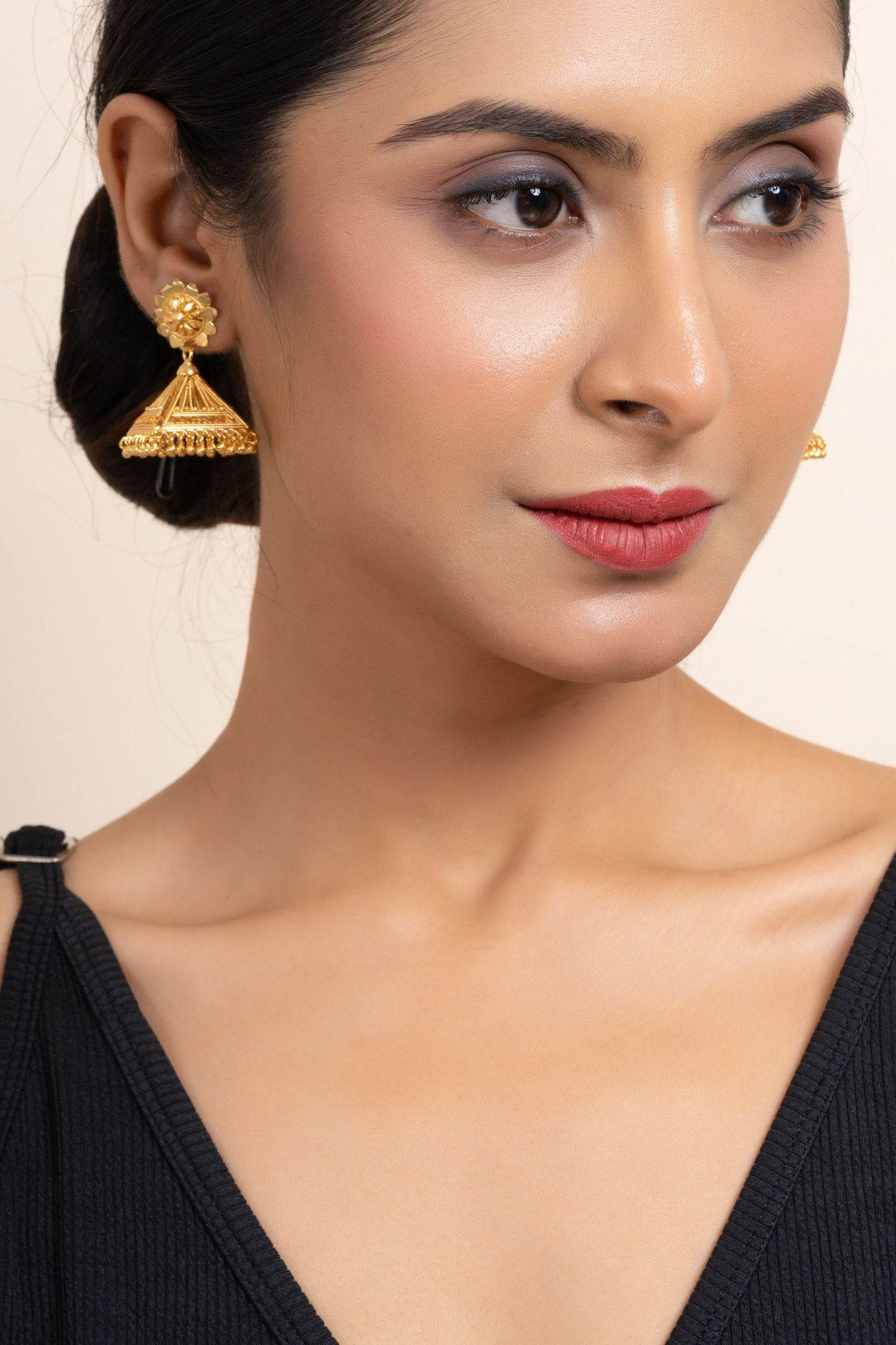 Gold Plated Floral Studs And Pyramid Jhumka Earrings - Exquisite Copper Jewelry - Lookandadorn.com