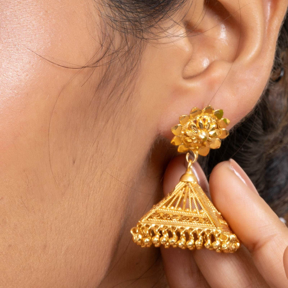 Gold Plated Floral Studs And Pyramid Jhumka Earrings - Exquisite Copper Jewelry - Lookandadorn.com