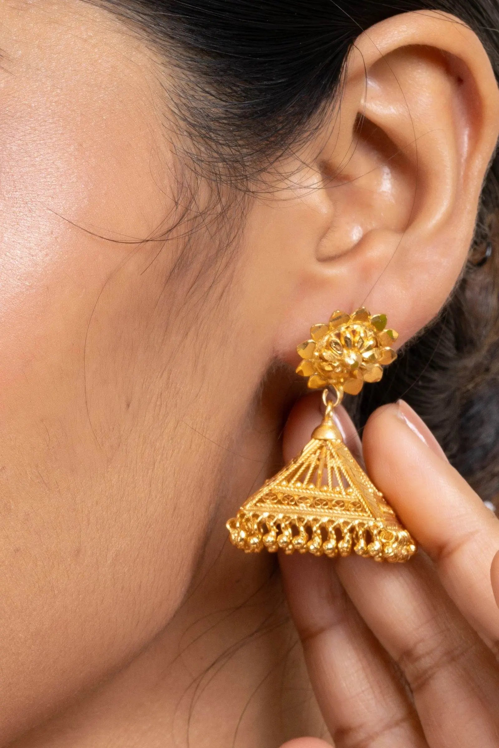Gold Plated Floral Studs And Pyramid Jhumka Earrings - Exquisite Copper Jewelry - Lookandadorn.com