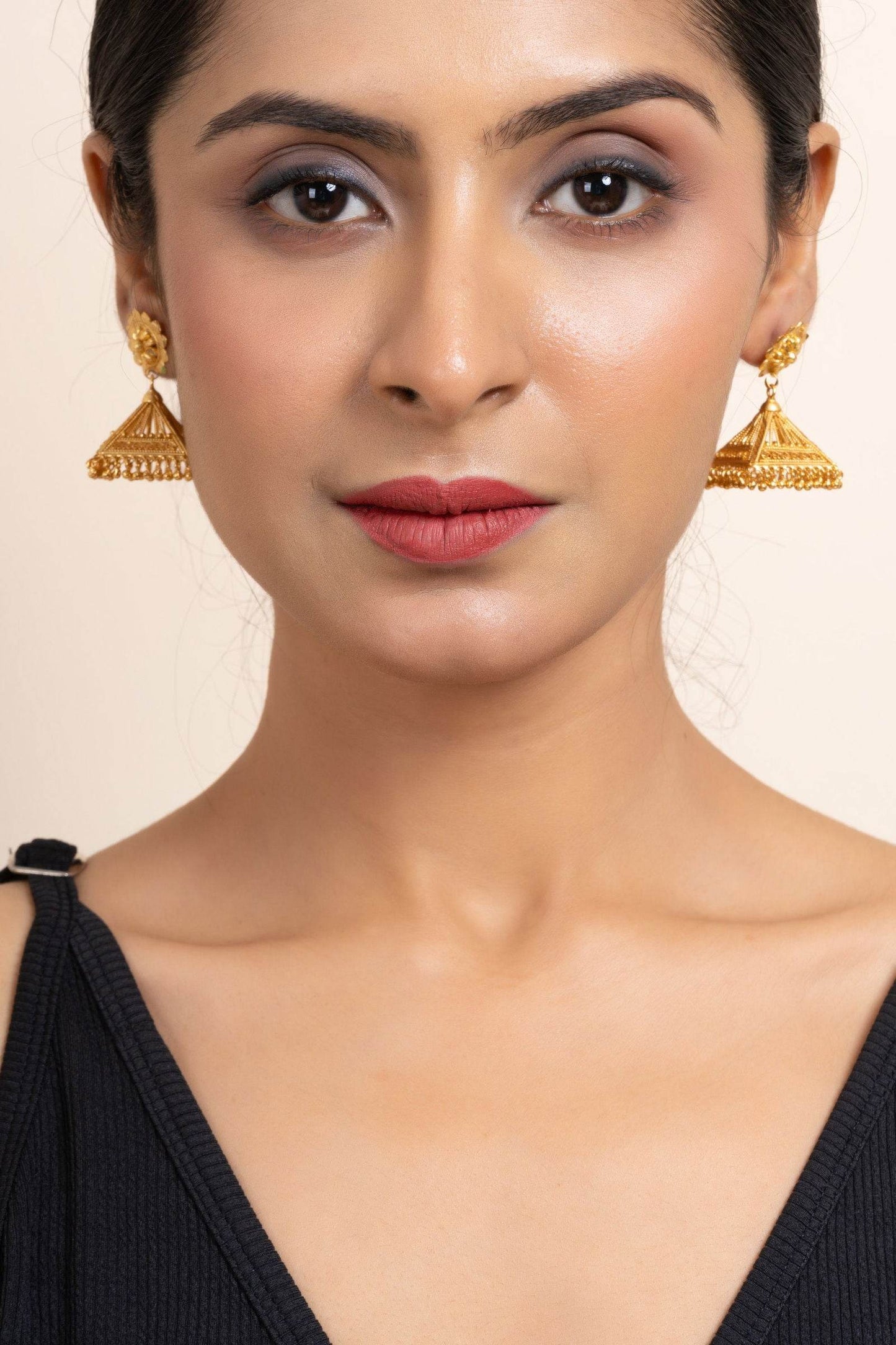 Gold Plated Floral Studs And Pyramid Jhumka Earrings - Exquisite Copper Jewelry - Lookandadorn.com