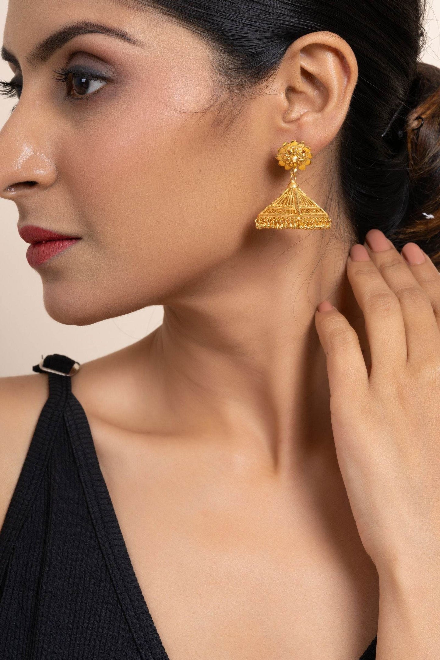 Gold Plated Floral Studs And Pyramid Jhumka Earrings - Exquisite Copper Jewelry - Lookandadorn.com