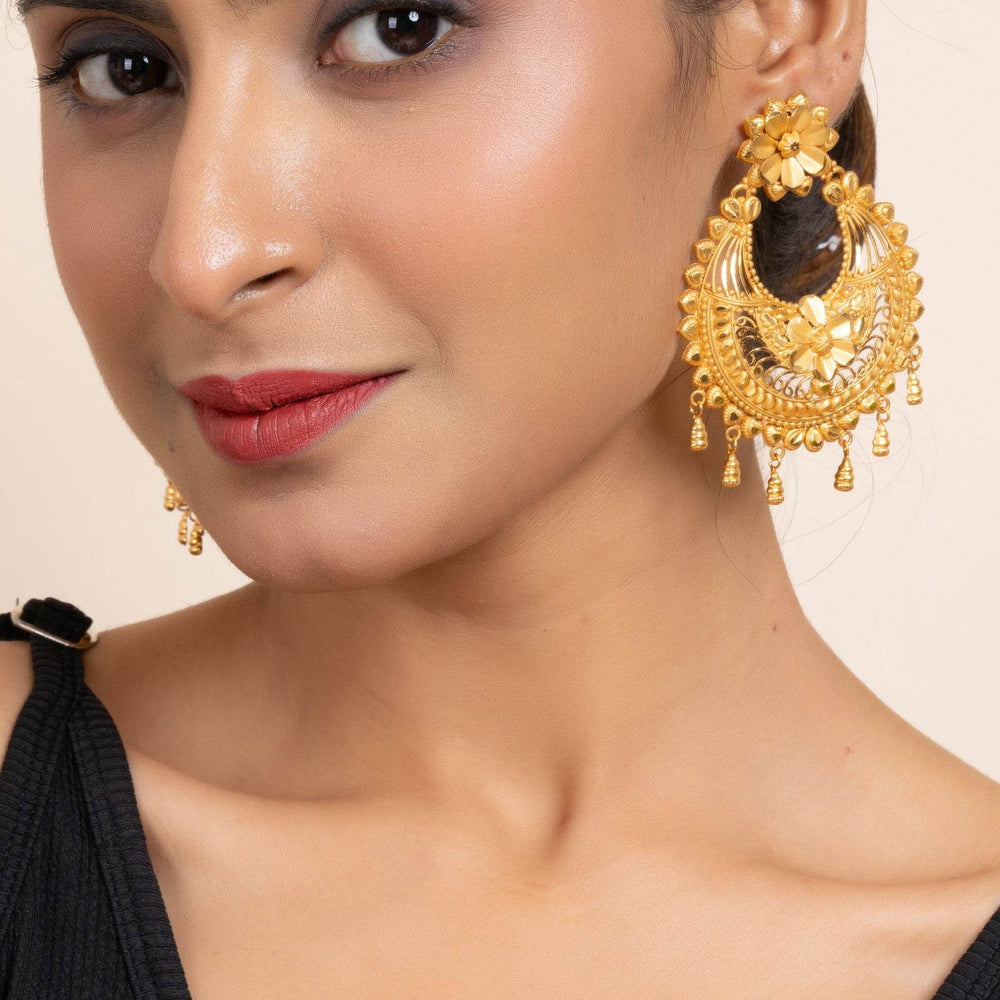 Gold Plated Jumbo Chandbali with Floral Design Stud Earrings - Elegant Accessories - Lookandadorn.com