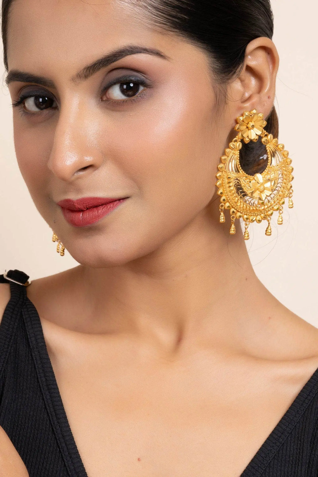 Gold Plated Jumbo Chandbali with Floral Design Stud Earrings - Elegant Accessories - Lookandadorn.com