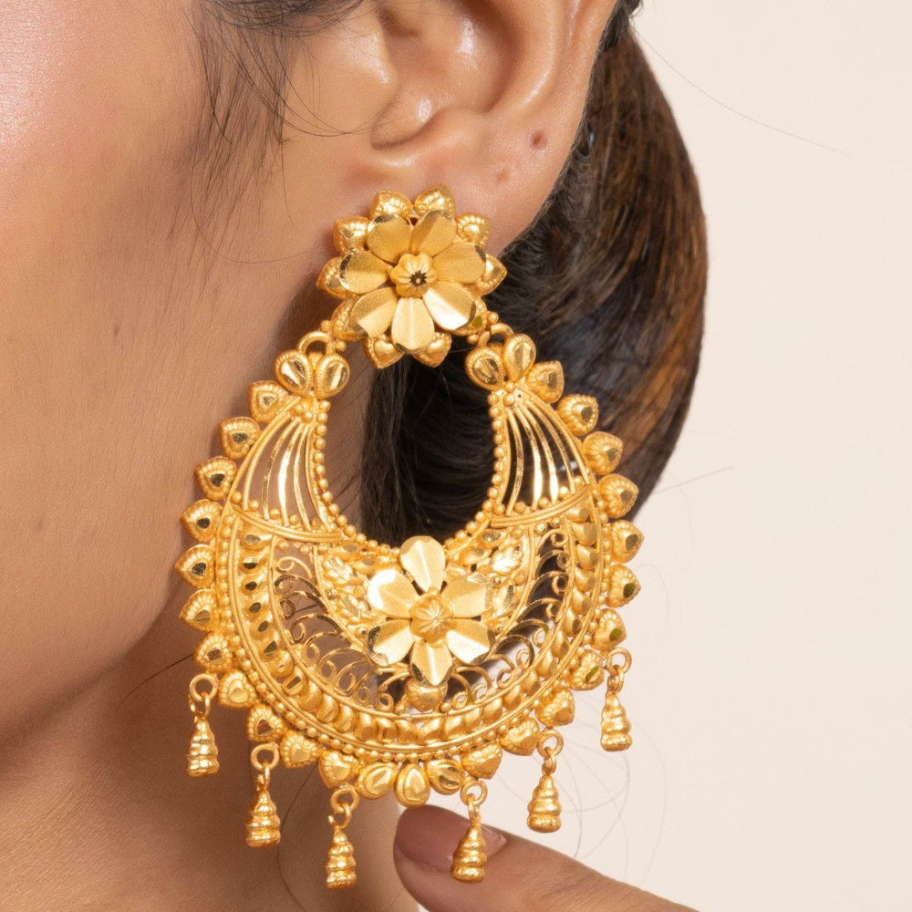 Gold Plated Jumbo Chandbali with Floral Design Stud Earrings - Elegant Accessories - Lookandadorn.com