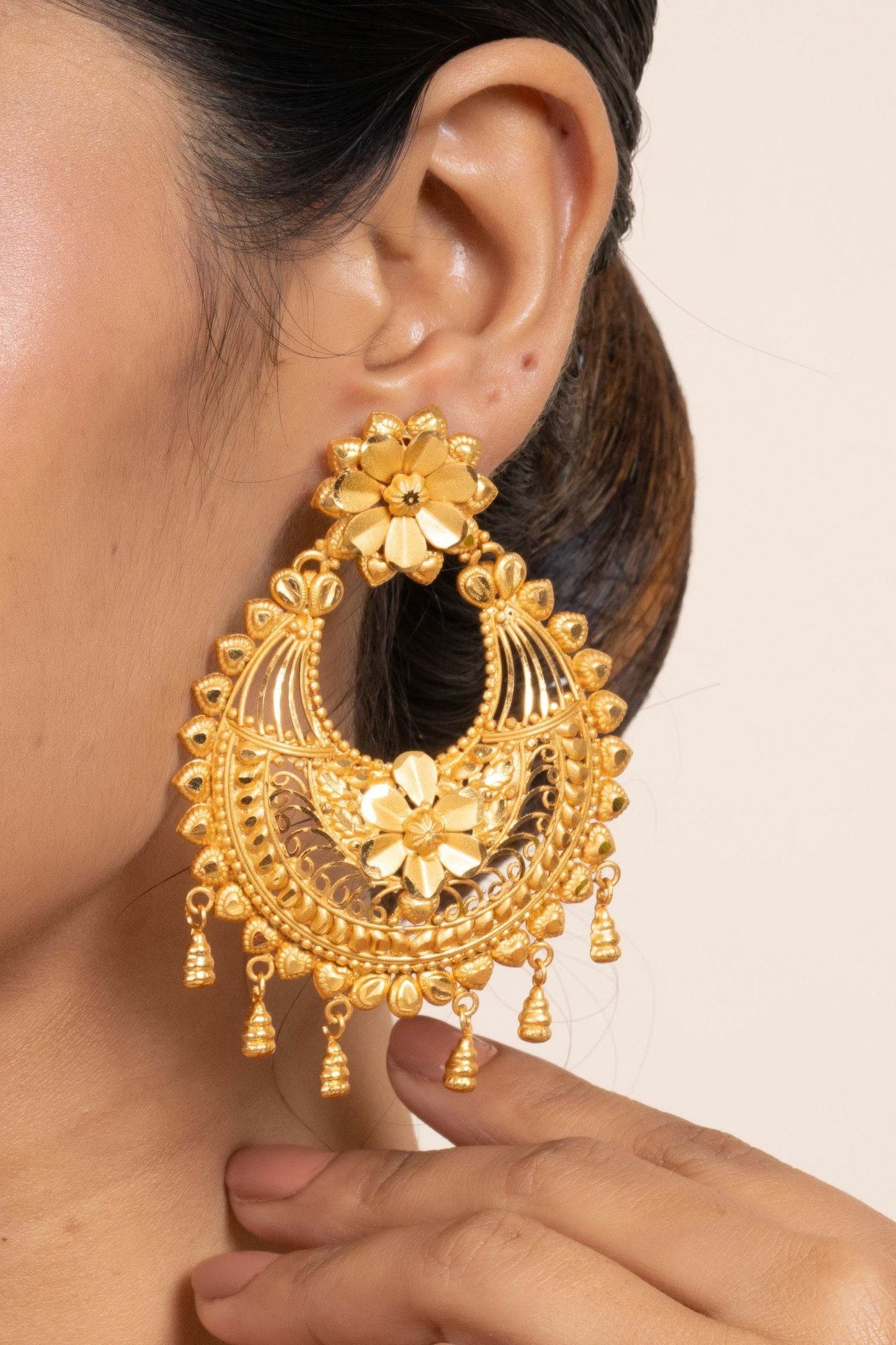 Gold Plated Jumbo Chandbali with Floral Design Stud Earrings - Elegant Accessories - Lookandadorn.com
