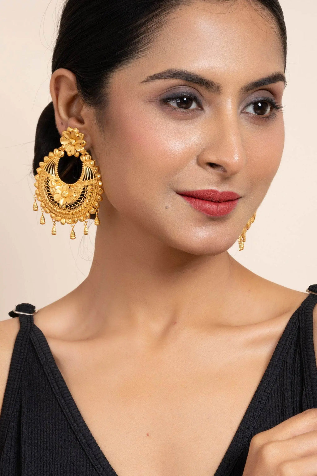 Gold Plated Jumbo Chandbali with Floral Design Stud Earrings - Elegant Accessories - Lookandadorn.com