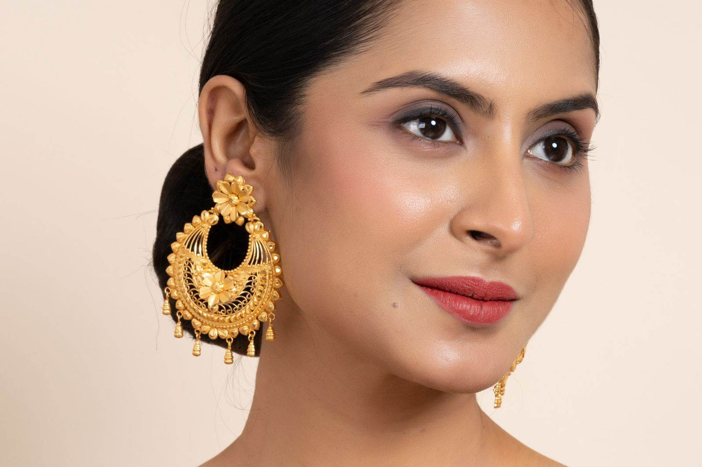 Gold Plated Jumbo Chandbali with Floral Design Stud Earrings