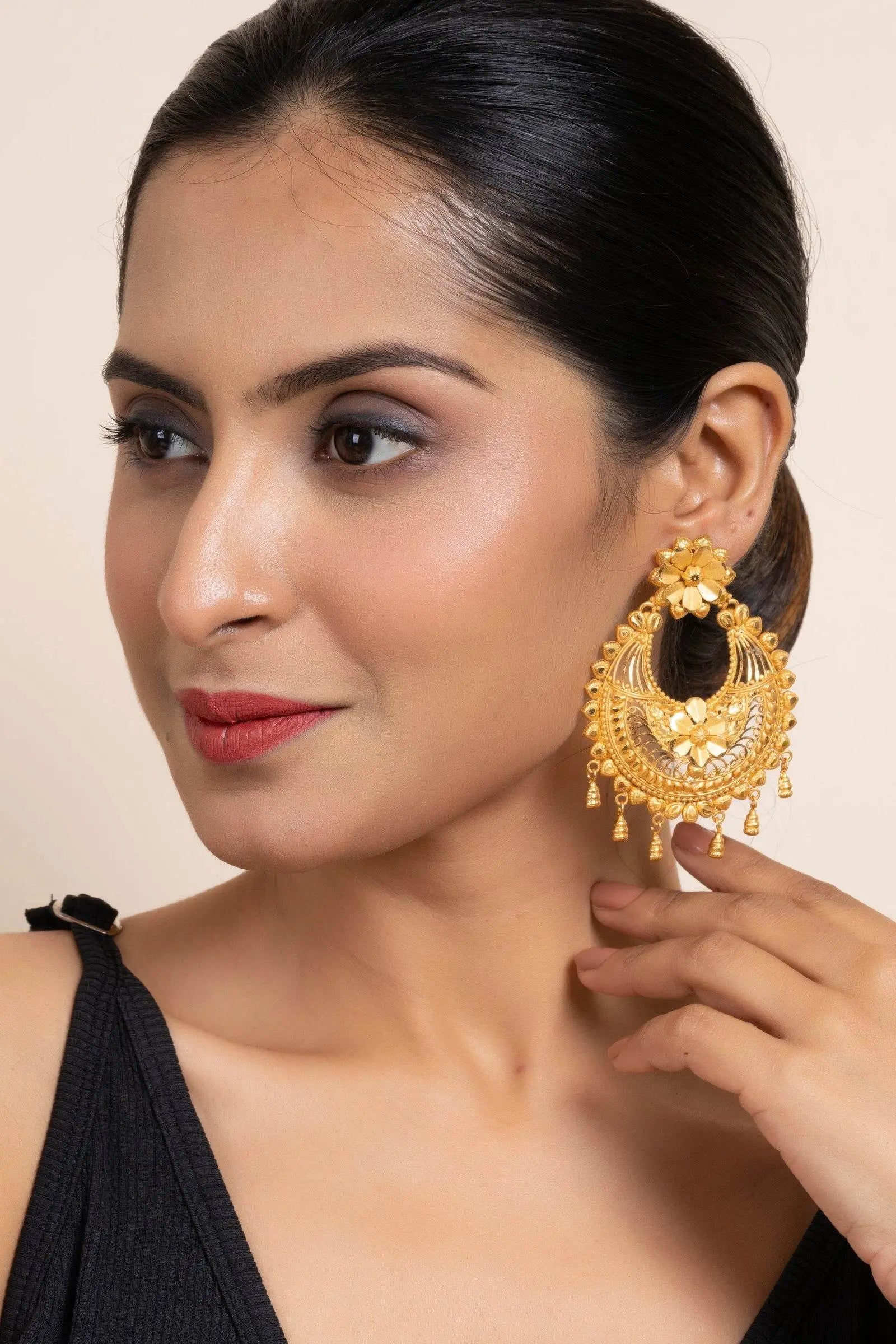 Gold Plated Jumbo Chandbali with Floral Design Stud Earrings - Elegant Accessories - Lookandadorn.com