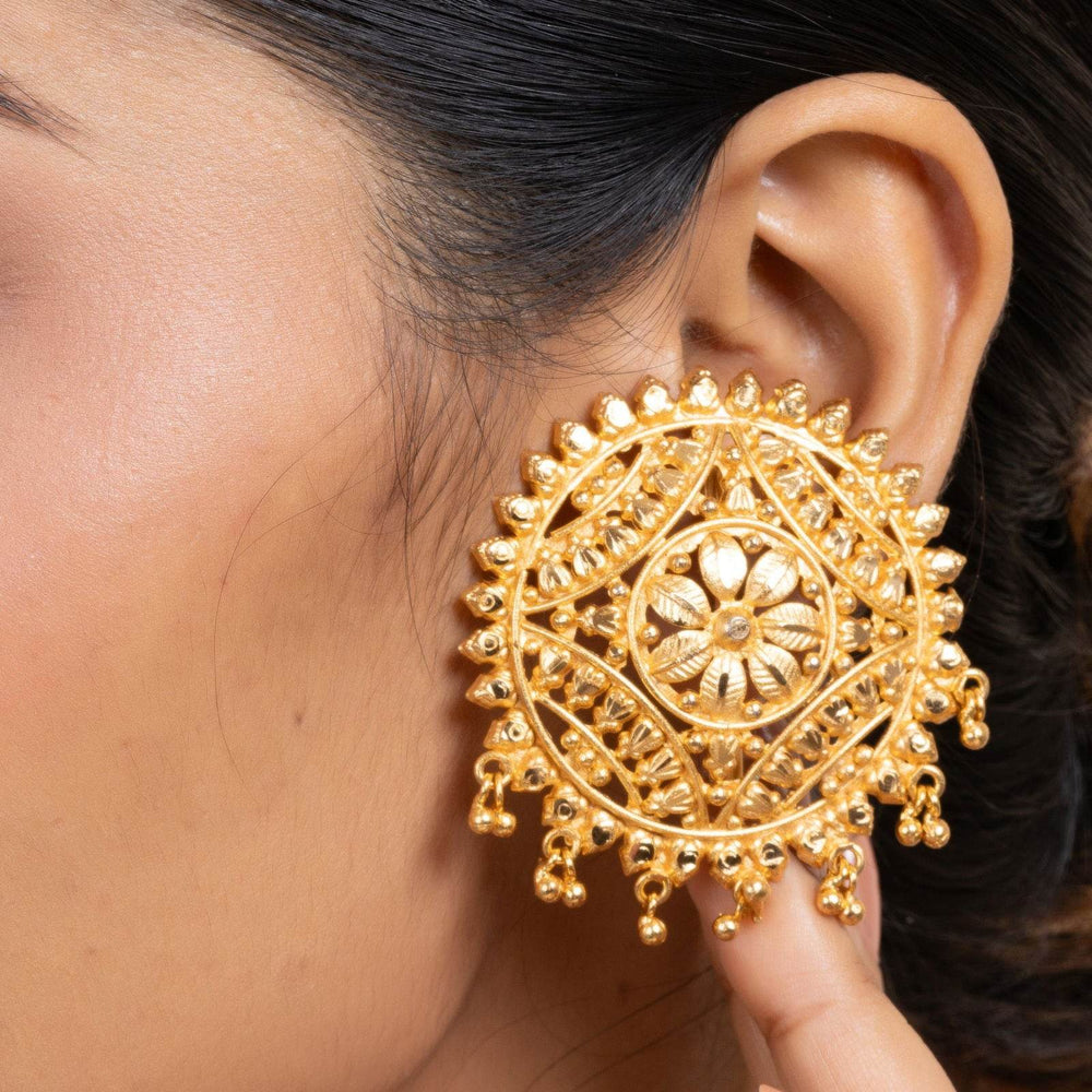 Gold Plated Jumbo Floral Stud Earrings - Luxurious Design, Copper, Non-Allergenic, Perfect for All Occasions - Lookandadorn.com