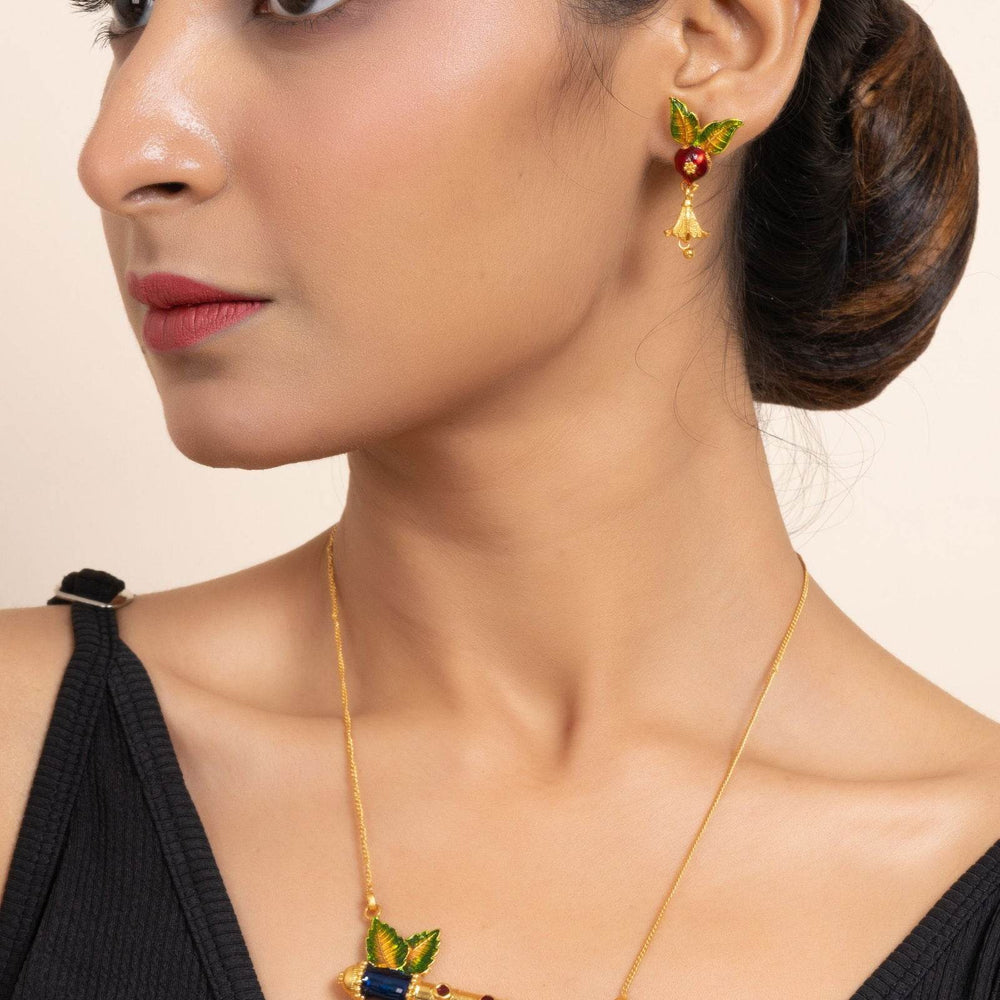 Gold Plated Meena Flute Pendant Necklace Set with Chain and Matching Earrings - Copper Jewelry Set - Lookandadorn.com