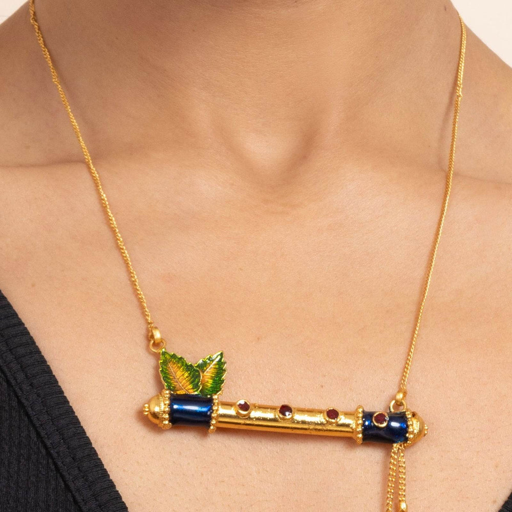 Gold Plated Meena Flute Pendant Necklace Set with Chain and Matching Earrings - Copper Jewelry Set - Lookandadorn.com