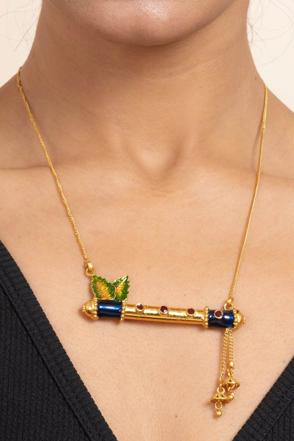 Gold Plated Meena Flute Pendant Necklace Set with Chain and Matching Earrings - Copper Jewelry Set - Lookandadorn.com