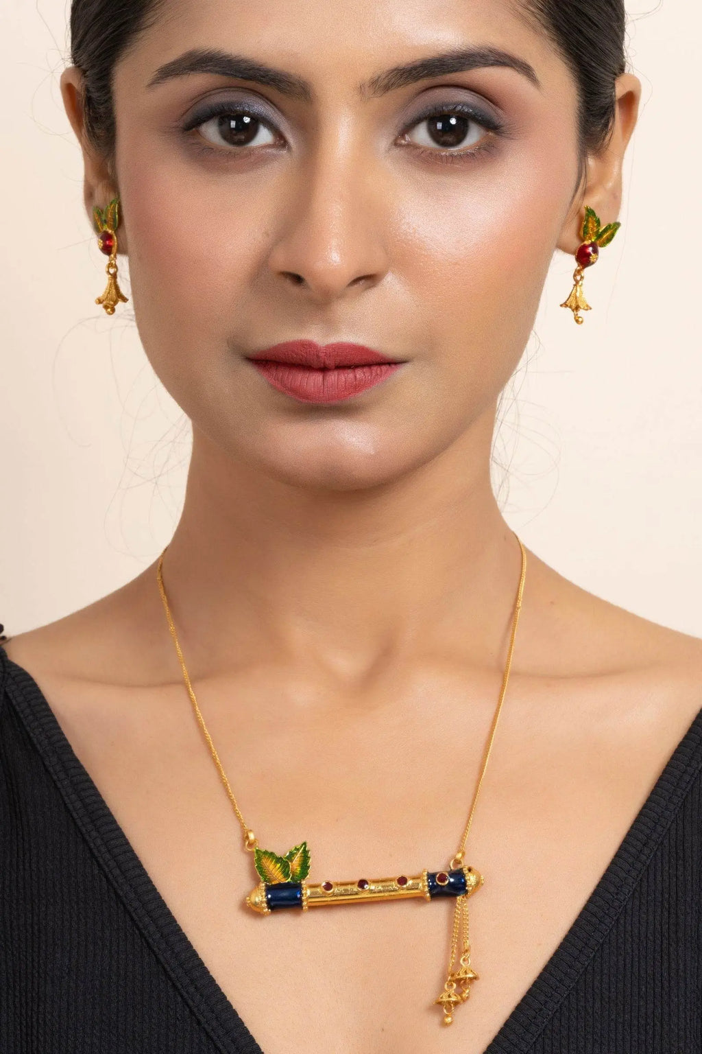Gold Plated Meena Flute Pendant Necklace Set with Chain and Matching Earrings - Copper Jewelry Set - Lookandadorn.com