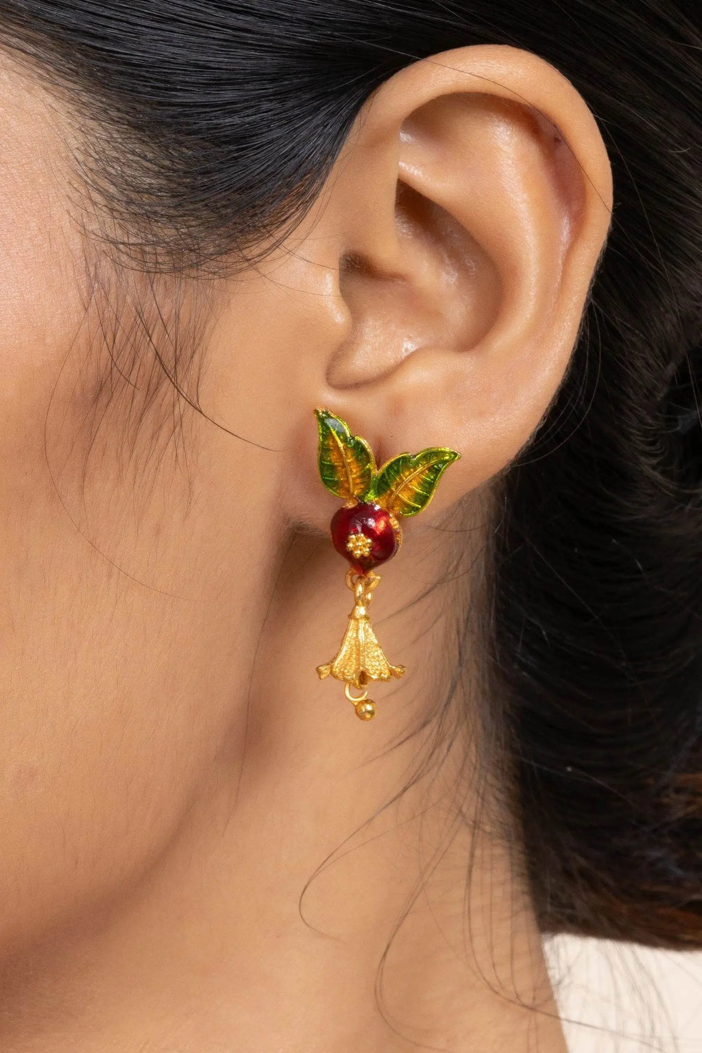 Gold Plated Meena Flute Pendant Necklace Set with Chain and Matching Earrings - Copper Jewelry Set - Lookandadorn.com