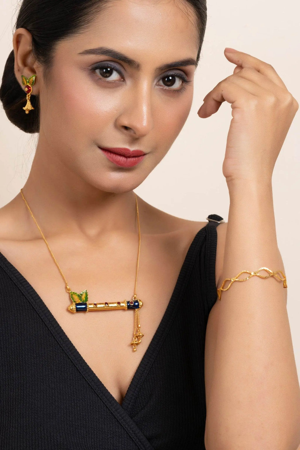 Gold Plated Meena Flute Pendant Necklace Set with Chain and Matching Earrings - Copper Jewelry Set - Lookandadorn.com