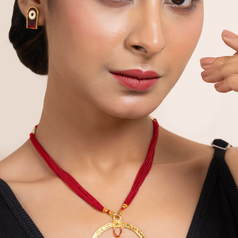 Gold Plated Meenakari Round Jagannath Pendant Necklace with Matching Earrings & Red Tussle Jewelry Set - Lookandadorn.com
