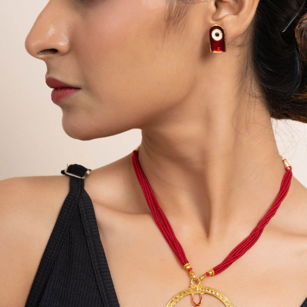 Gold Plated Meenakari Round Jagannath Pendant Necklace with Matching Earrings & Red Tussle Jewelry Set - Lookandadorn.com