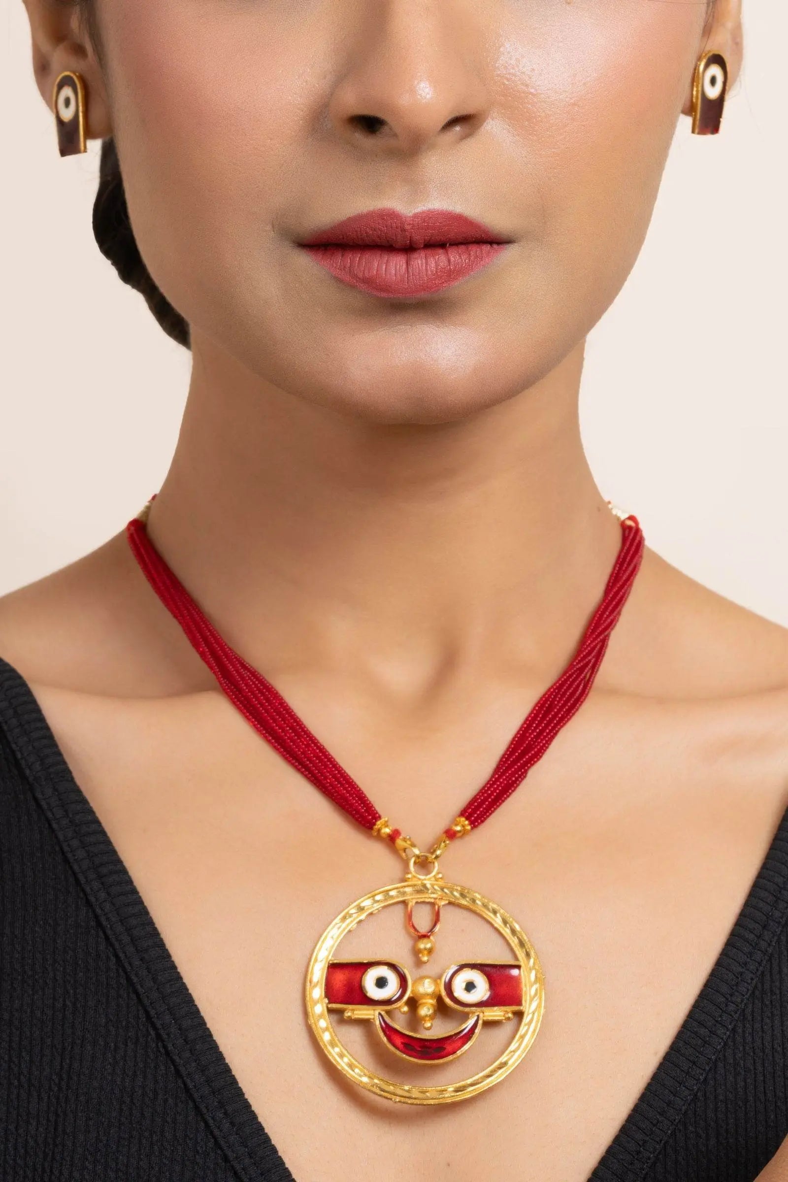 Gold Plated Meenakari Round Jagannath Pendant Necklace with Matching Earrings & Red Tussle Jewelry Set - Lookandadorn.com