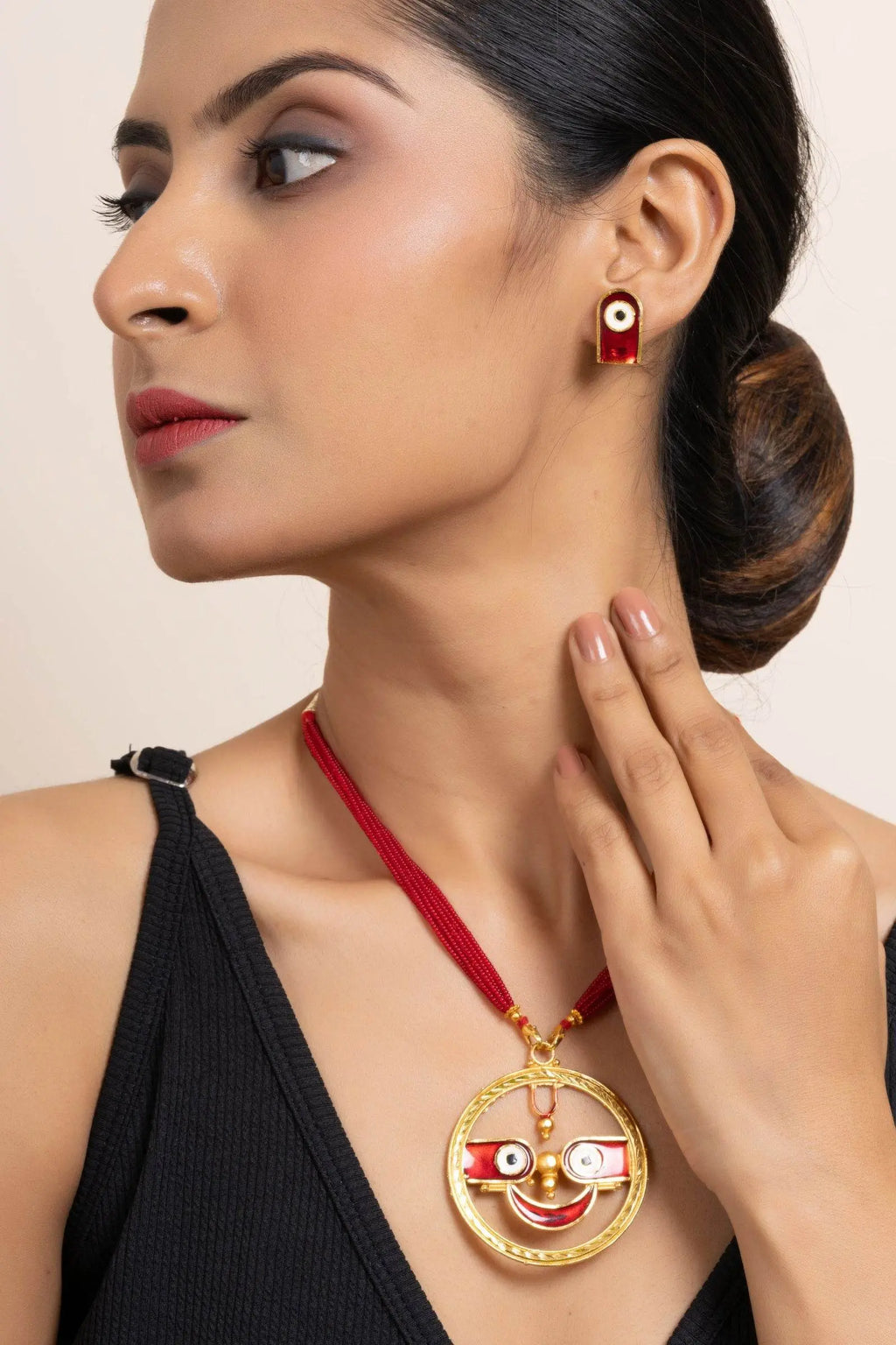 Gold Plated Meenakari Round Jagannath Pendant Necklace with Matching Earrings & Red Tussle Jewelry Set - Lookandadorn.com