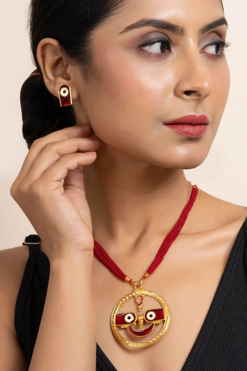 Gold Plated Meenakari Round Jagannath Pendant Necklace with Matching Earrings & Red Tussle Jewelry Set - Lookandadorn.com