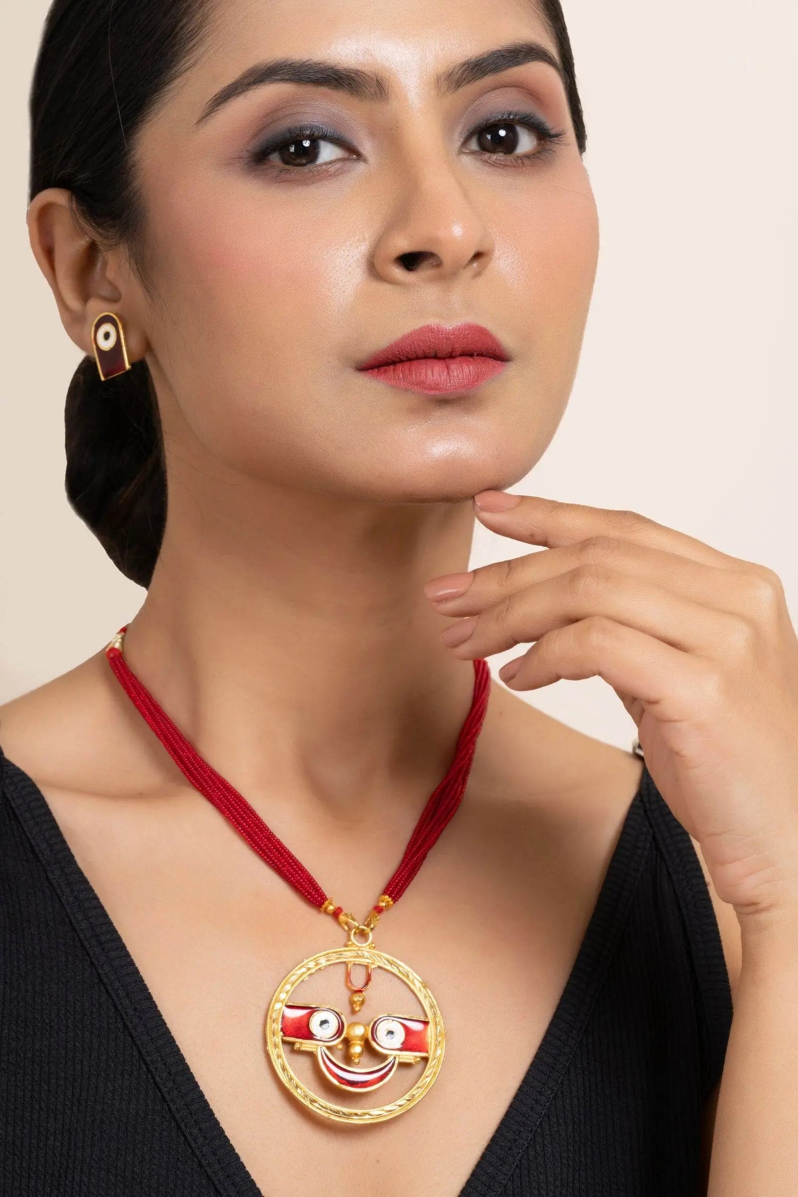 Gold Plated Meenakari Round Jagannath Pendant Necklace with Matching Earrings & Red Tussle Jewelry Set - Lookandadorn.com