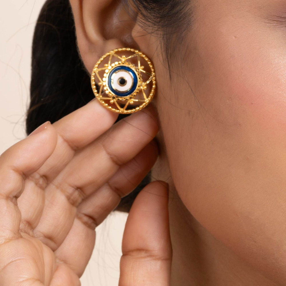 Gold Plated Round Evil Eye Stud Earrings with White Blue Meenakari Design - Copper Jewelry - Lookandadorn.com