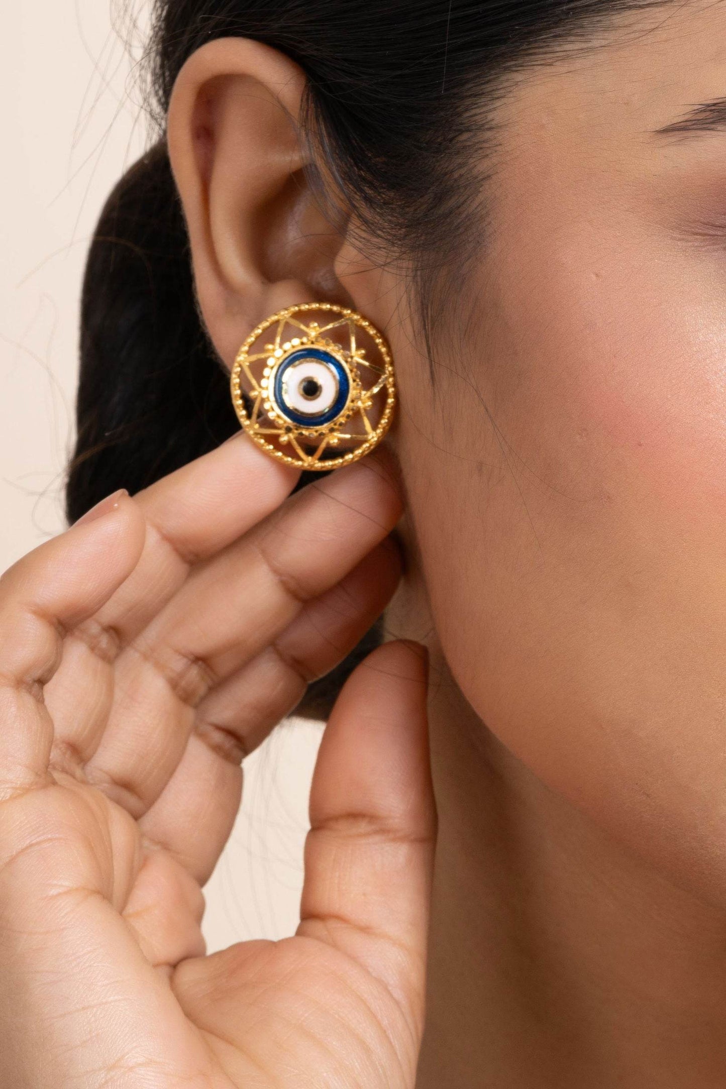 Gold Plated Round Evil Eye Stud Earrings with White Blue Meenakari Design - Copper Jewelry - Lookandadorn.com