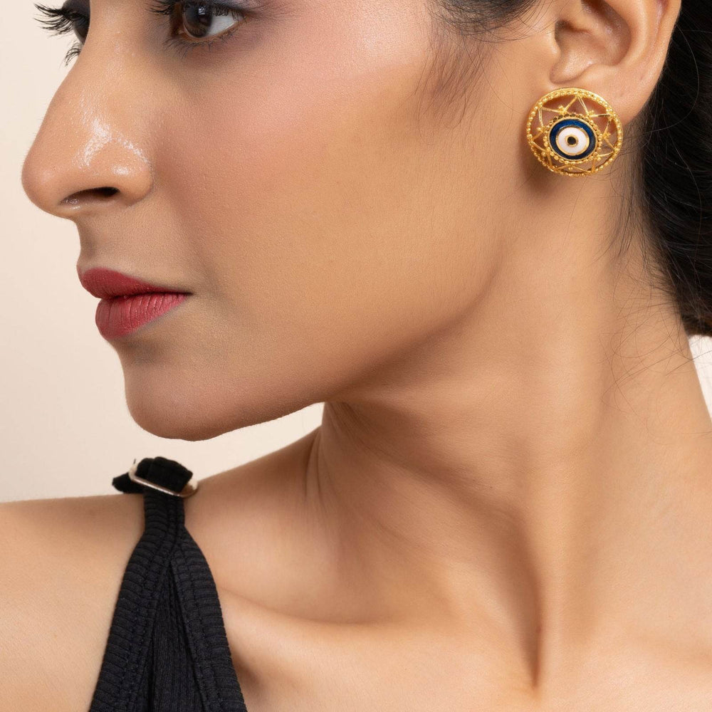 Gold Plated Round Evil Eye Stud Earrings with White Blue Meenakari Design - Copper Jewelry - Lookandadorn.com