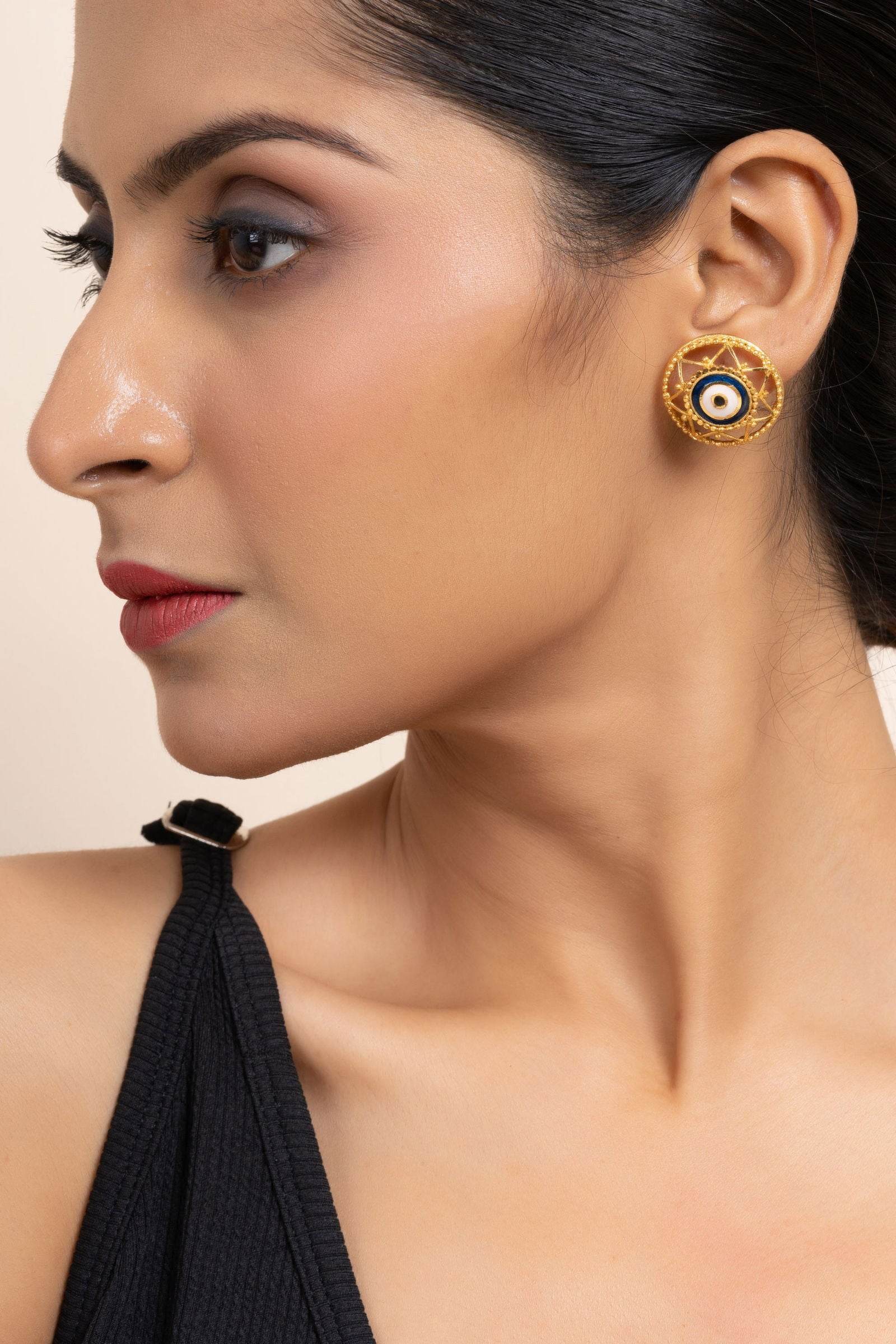 Gold Plated Round Evil Eye Stud Earrings with White Blue Meenakari Design - Copper Jewelry - Lookandadorn.com
