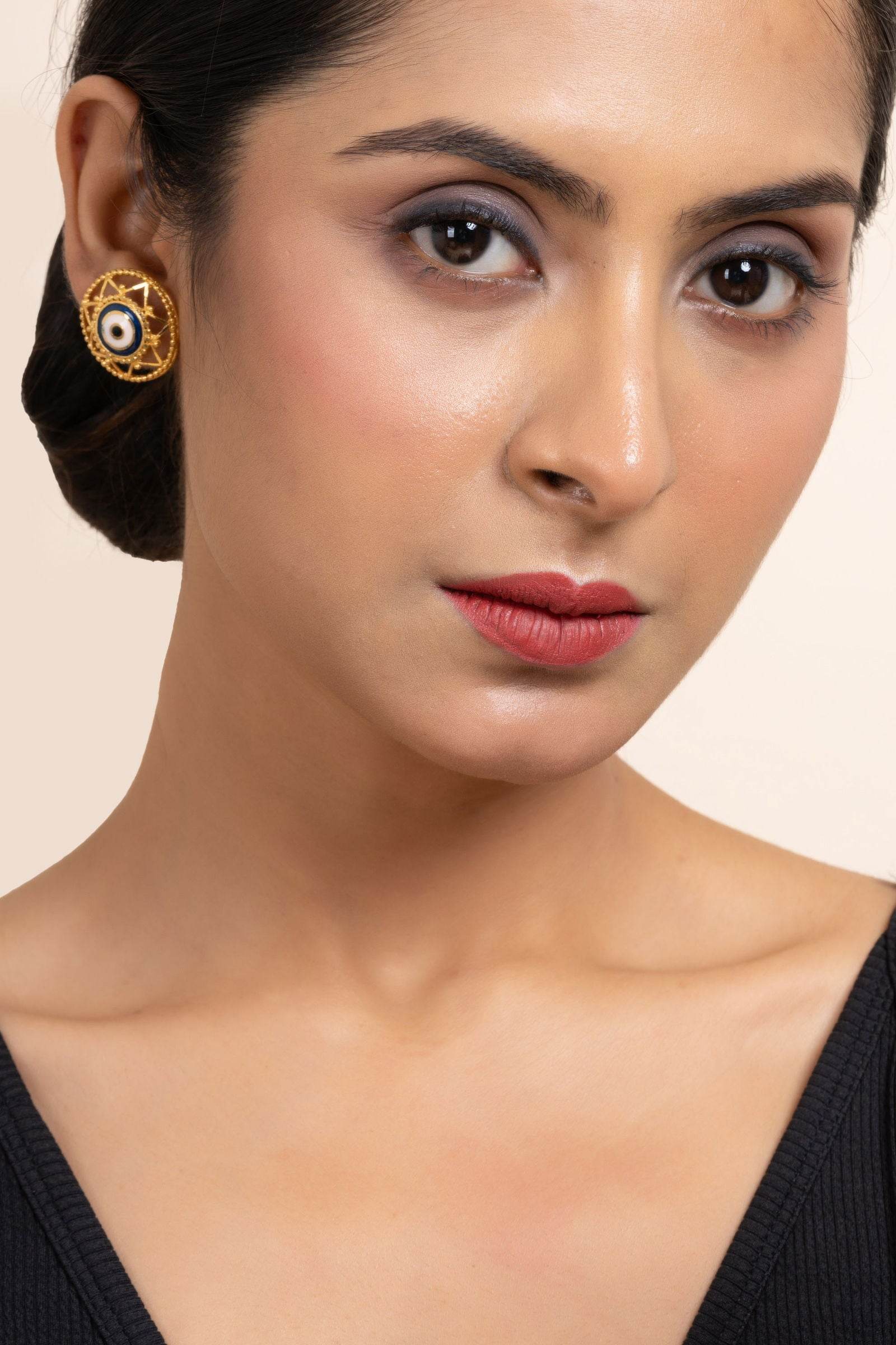 Gold Plated Round Evil Eye Stud Earrings with White Blue Meenakari Design - Copper Jewelry - Lookandadorn.com