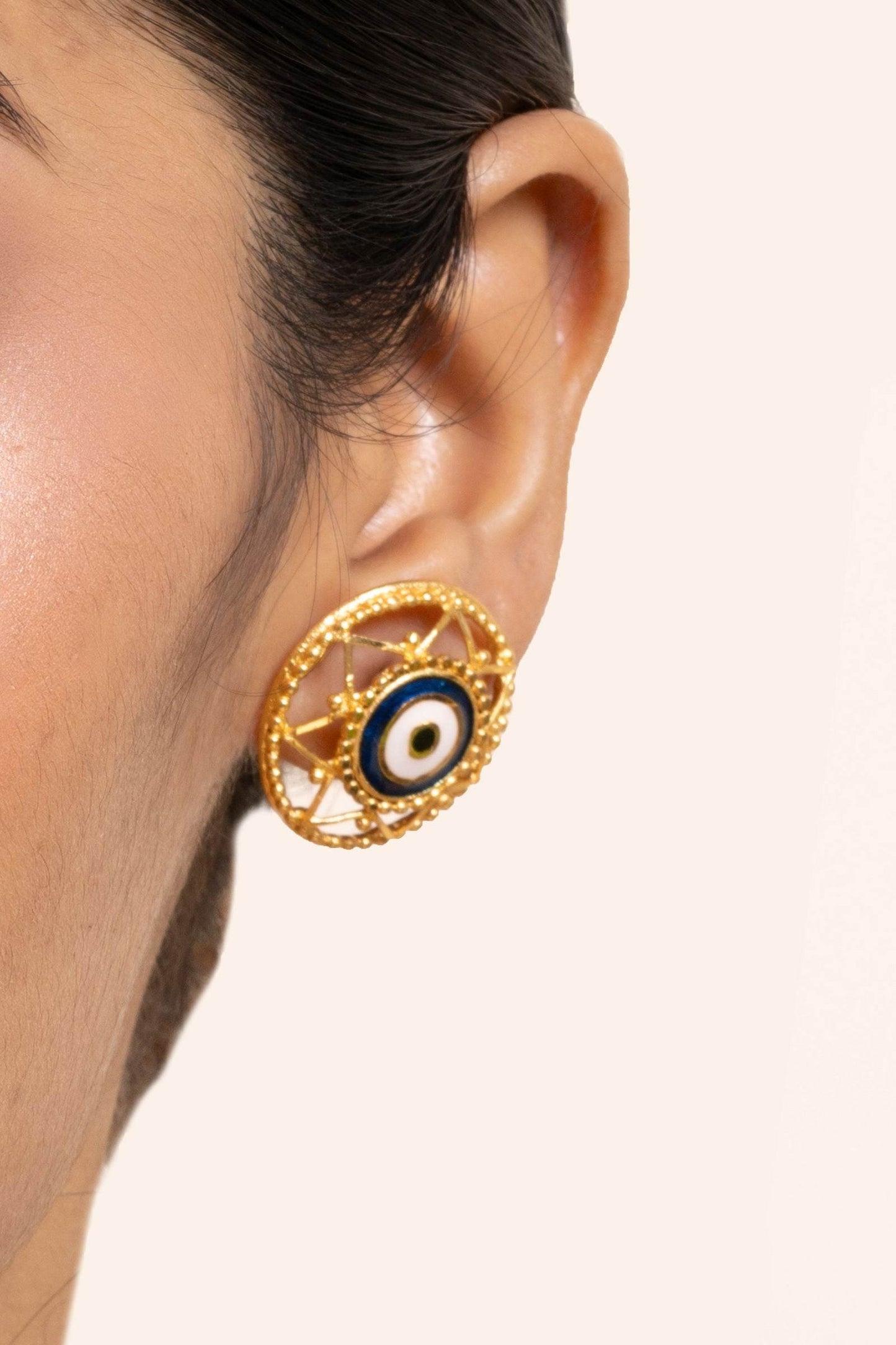 Gold Plated Round Evil Eye Stud Earrings with White Blue Meenakari