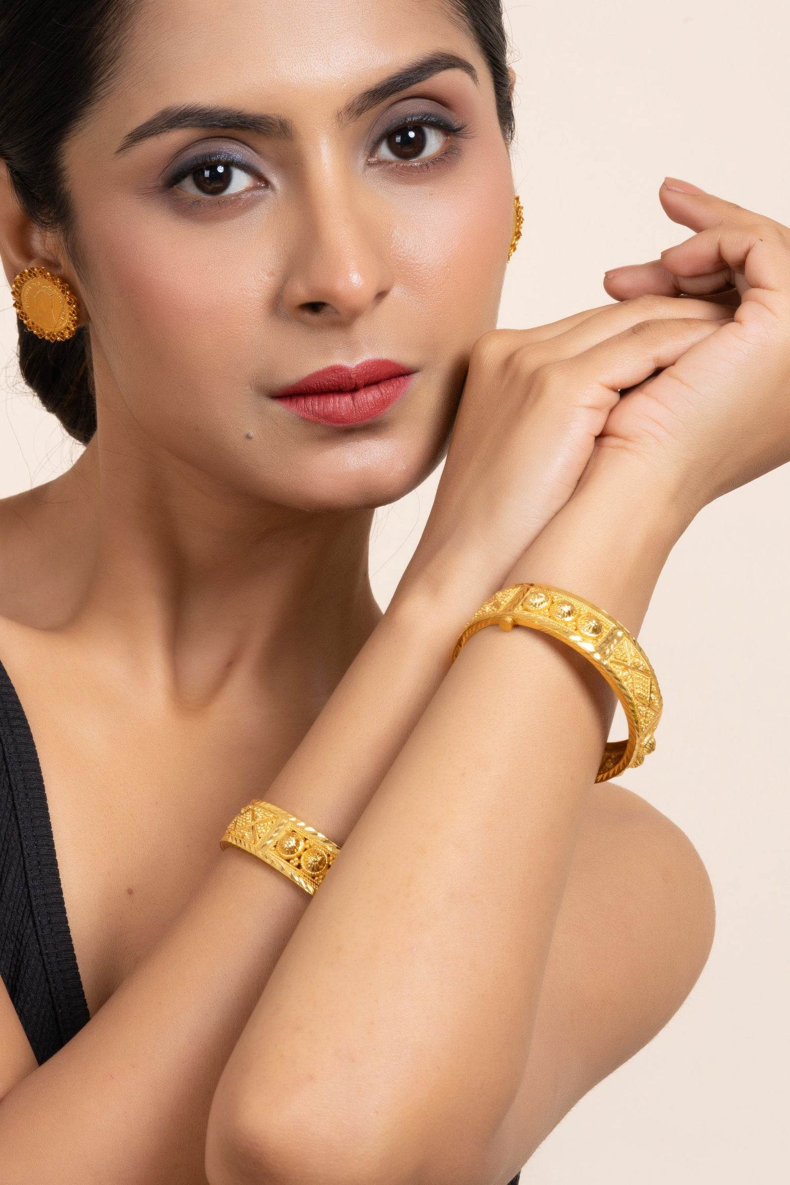 Gold Plated Set of 2 Thick Open Bangles - Luxurious, Handmade Copper, Non-Allergic, Versatile Jewelry - Lookandadorn.com