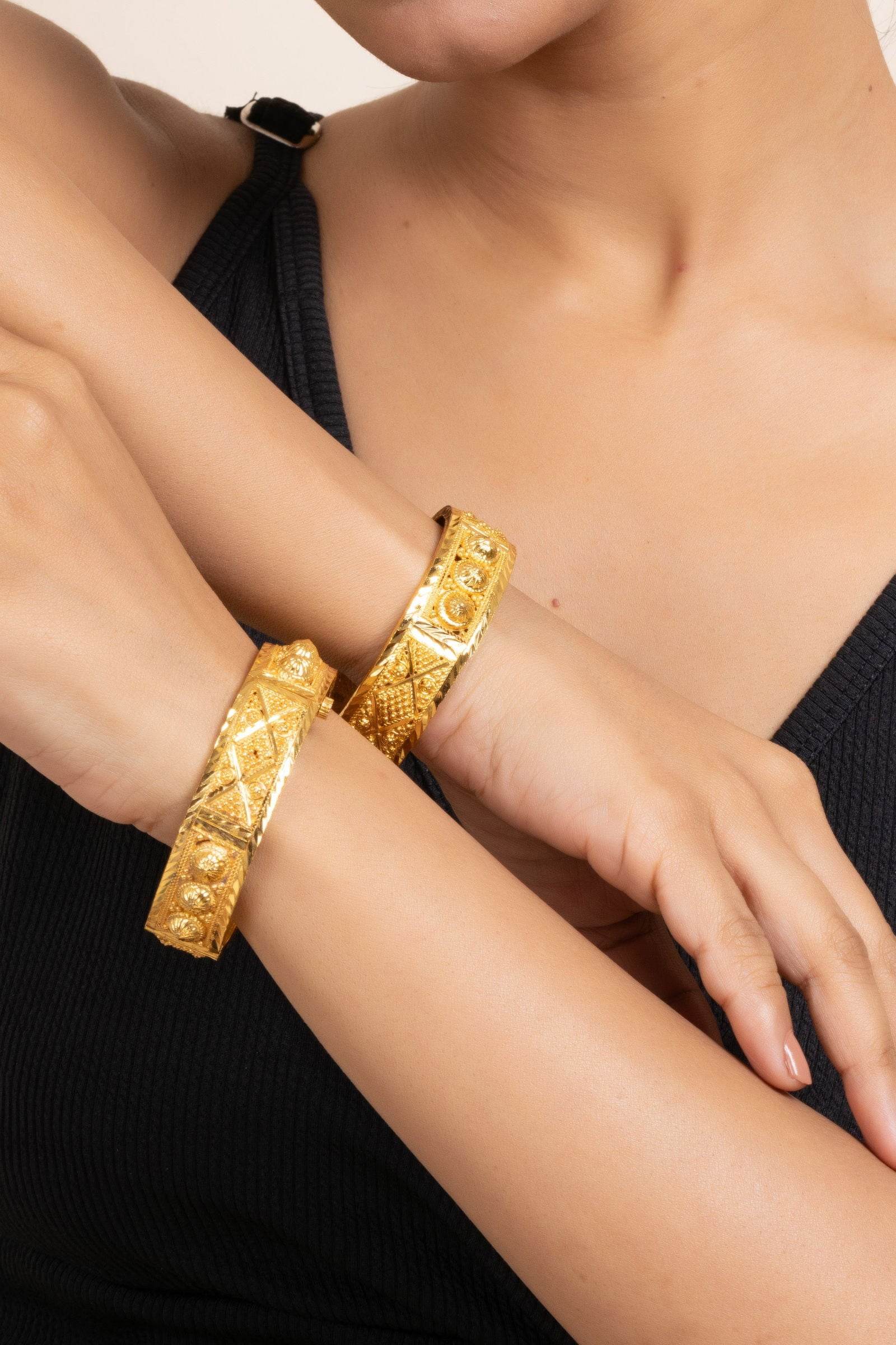 Gold Plated Set of 2 Thick Open Bangles - Luxurious, Handmade Copper, Non-Allergic, Versatile Jewelry - Lookandadorn.com