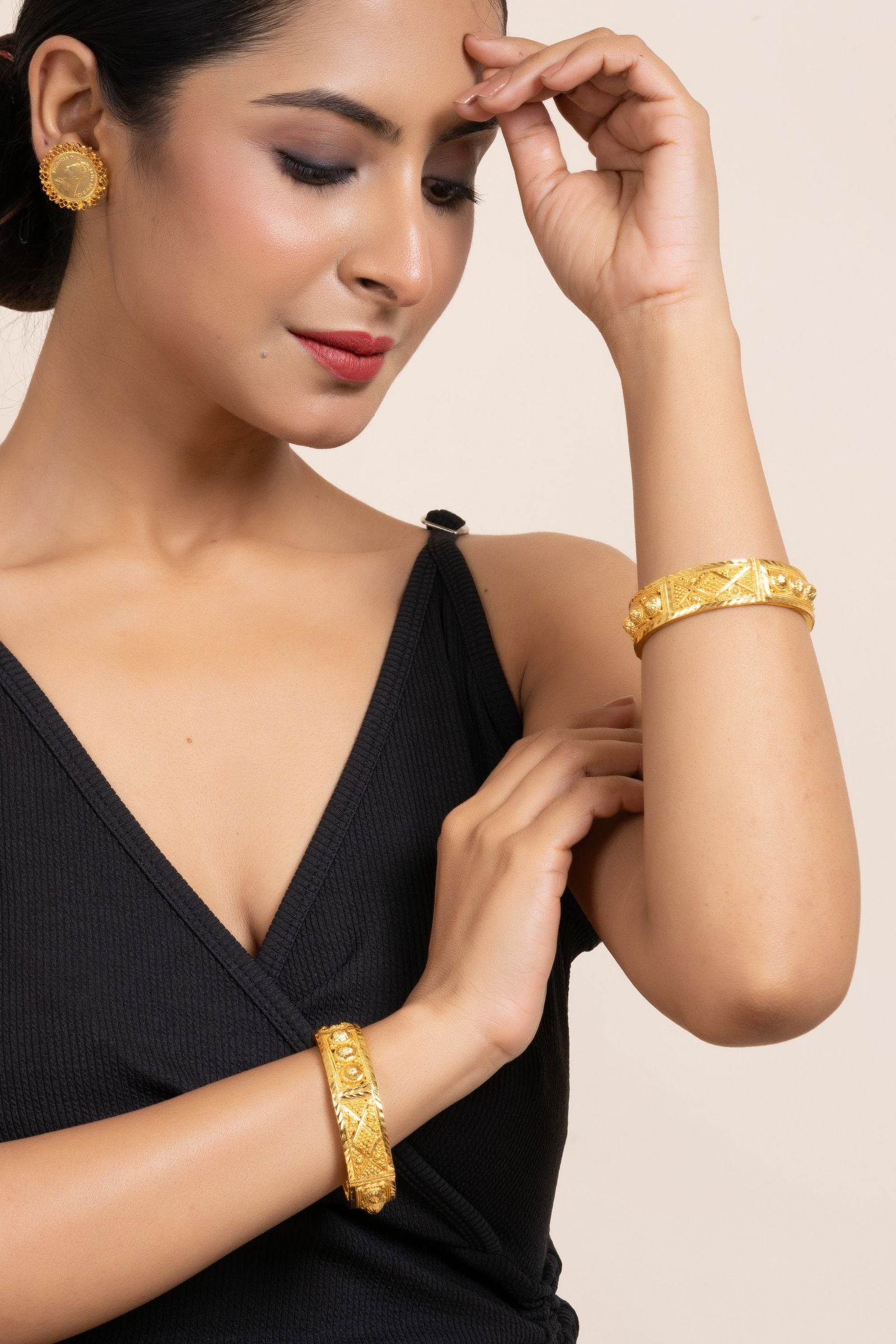 Gold Plated Set of 2 Thick Open Bangles - Luxurious, Handmade Copper, Non-Allergic, Versatile Jewelry - Lookandadorn.com